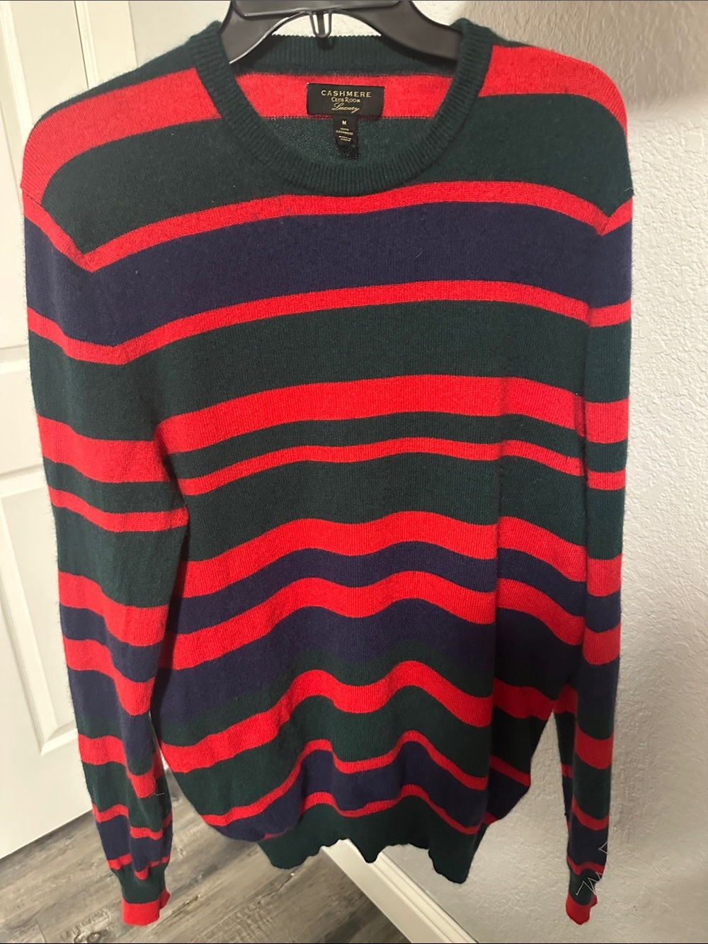 Cashmere Crewneck Sweater - Green, Red & Navy Stripes M
